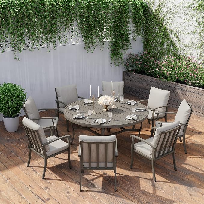 HAPPATIO Round Outdoor Dining Table, 61-inch Aluminum Patio Table with Umbrella Hole, All-Weather Aluminum Frame for Deck Lawn Garden Backyard Balcony Deck