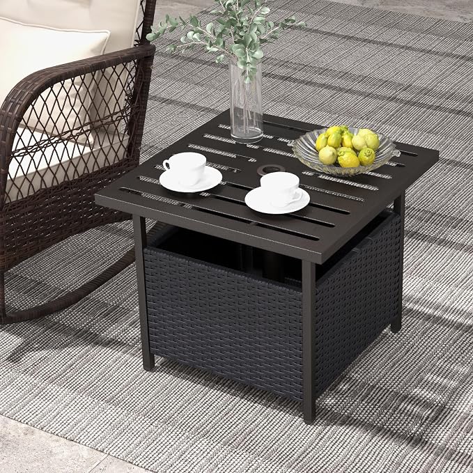 Tangkula Outdoor Table with Umbrella Hole, Rattan Umbrella Stand Table, Wicker Outside Side Table with Steel Metal Frame, Patio Bistro Table for Deck Garden Pool Yard, 22 x 22 x 18.5 Inch (Black)
