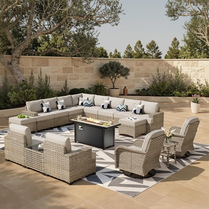 HOOOWOOO Sectional Patio Furniture Set with Fire Pit Table,17 Pieces Wicker Outdoor Furniture L Shaped Couch,Outside Conversation Set Extra Deep Sofa Wide Arm Swivel Chairs Ottoman Solar Light,Gray
