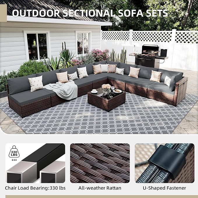 UPHA 9 Pieces Patio Furniture Sets, Wicker Outdoor Sectional Sofa Couch with Coffee Table, Patio Conversation Set for Deck Backyard Garden, Brown Rattan, Dark Gray Cushion