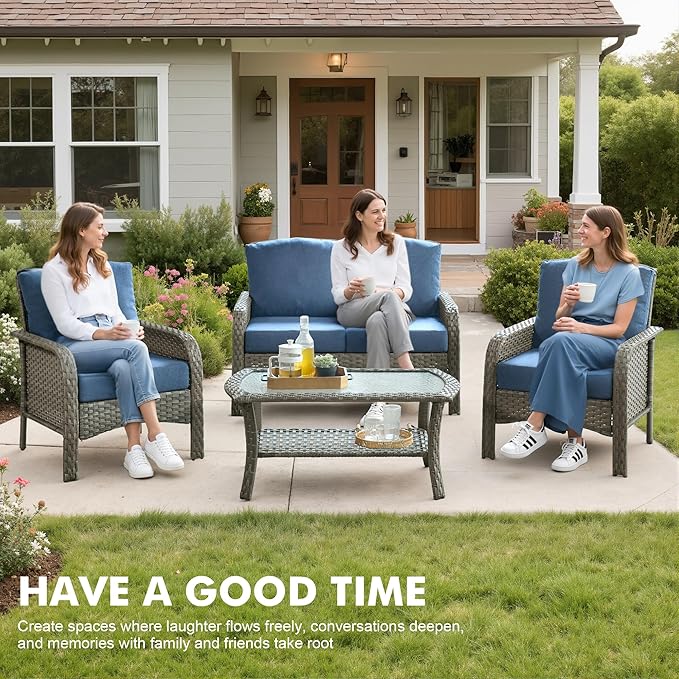 Weaxty Wicker Patio Furniture Set High Back Loveseat Sofa Couch Armchair Coffee Table, All Weather Rattan 4 Pieces Outdoor Conversation Sets for Patio Porch Deck Backyard Poolside, Denim Blue