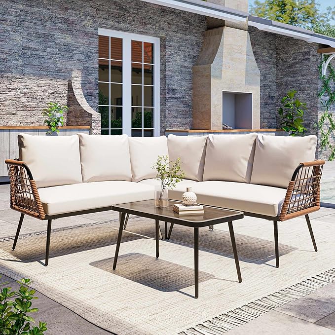 LAUSAINT HOME 6 Pieces L-Shaped Outdoor Furniture Set, Wicker Rattan Patio Sectional, Conversation Sofa Set with Coffee Table and Soft Cushions for Poolside, Patio, Yard, Beige