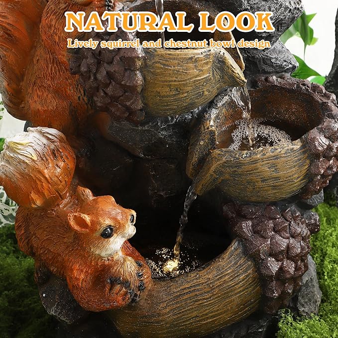 Outdoor/Indoor Water Fountain with LED Lights and Pump, 4-Tiers Cascading Pinecone Bowls Garden Fountains Waterfall with Squirrels Design, Freestanding Resin Fountain for Patio, Garden, Porch