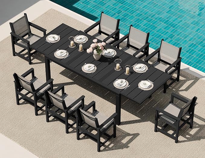 SERWALL 9-Piece Outdoor Dining Set, 60" - 83" Expandable Patio Dining Table with 8 Breathable Textilene Chairs, All Weather HDPE Patio Furniture Set, Black