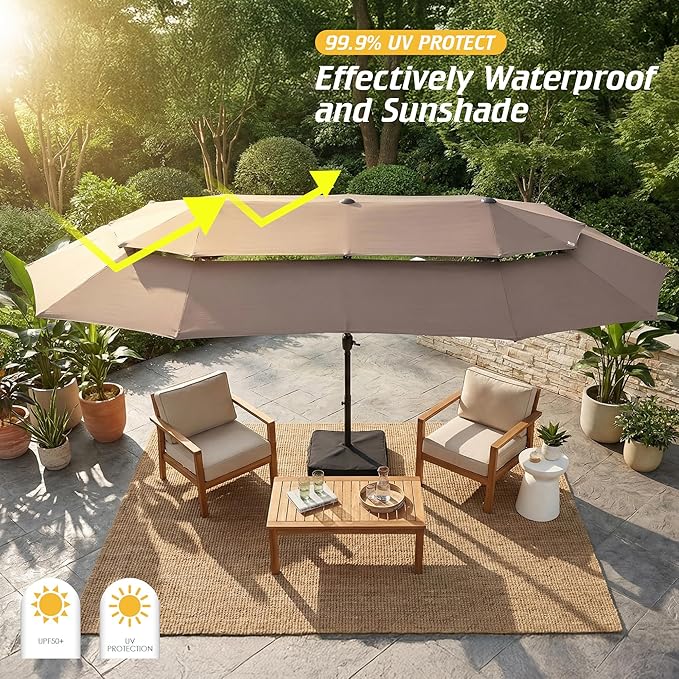 Nice C 13-15FT Large Double Sided Patio Umbrella, Double Layer Market Rectangle Umbrella, Large Deck Umbrella With Crank For Outdoor Poolside Backyard Pool Garden