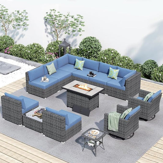 HOOOWOOO 13 Piece Patio Sectional Furniture Set with Fire Pit Table,Modern Wicker Outdoor Conversation Sofa Sets,All Weather Modular L Shaped Outside Couch Swivel Chair Set(Denime Blue)