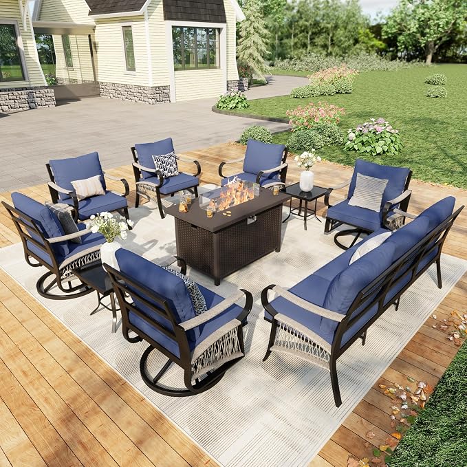 10 Pieces Patio Furniture Set, Metal Outdoor Conversation Sets with Fire Pit Table and Swivel Chairs for Backyard Garden Deck Porch Poolside (Thick Blue Cushions)