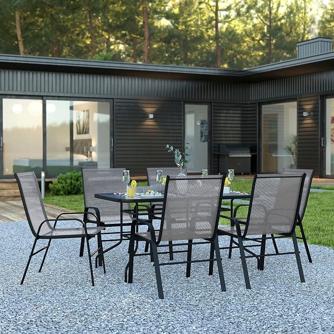 EMMA + OLIVER Seven Piece Indoor/Outdoor Dining Set - Metal Table with Tempered Glass Top - Six Gray Flex Comfort Chairs- Umbrella Hole - All Weather