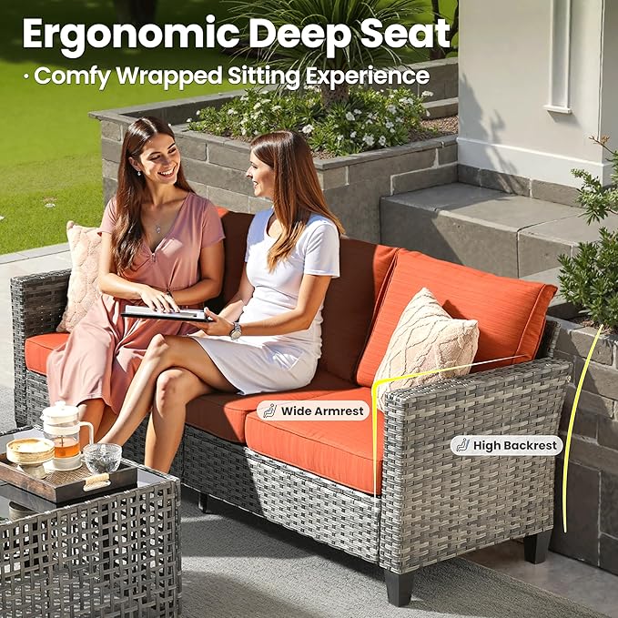 ovios 10 Pieces Patio Furniture Set with Swivel Chairs Rocking Gliders, 54" Fire Pit Table, Outdoor Sofa Couch with Solar Lights Table, Modern Deep Seat Wicker Rattan Conversation Set, Orange Red