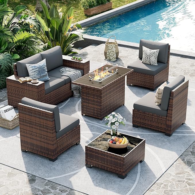 UDPATIO Patio Sectional Sofa with Fire Pit Table, 8 Inch Armrest 7-Piece Wicker Conversation with Waterproof Cover for Backyard Deck, Brown/Dark Grey