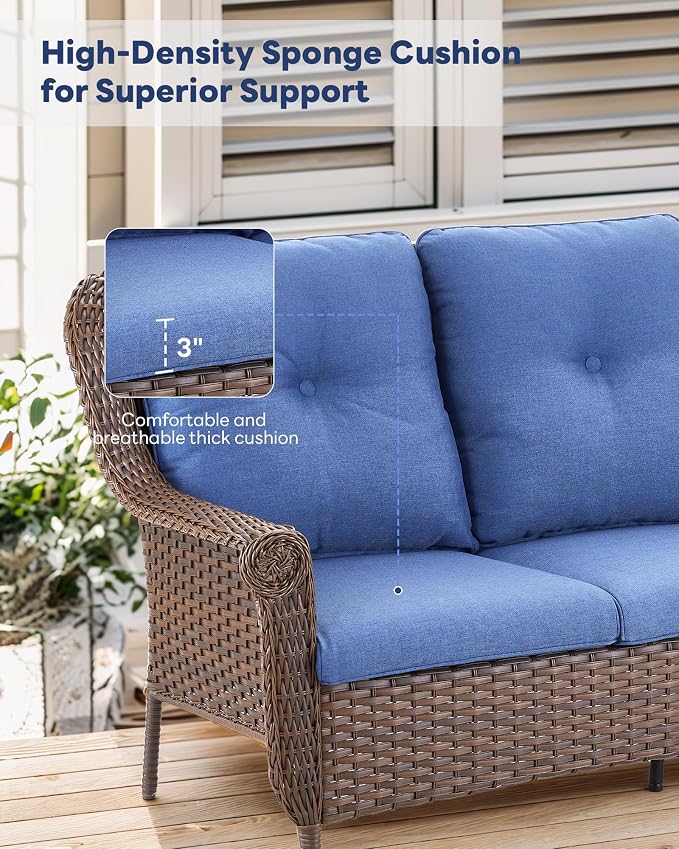6 Pieces Wicker Patio Conversation Sets-Swivel Patio Chairs with Outdoor Sofa Outdoor Patio Furniture Set for Patio Deck Porch Garden Backyard-Brown/Blue