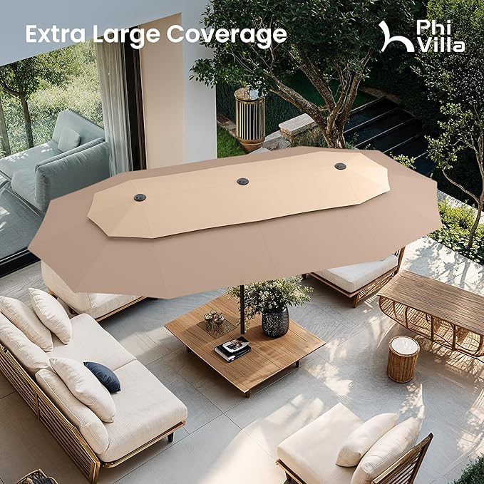 PHI VILLA 13ft Large Patio Umbrellas with Base Included, 2-Tier Double-Sided Outdoor Market Rectangle Umbrella for Outside, Beige&Tan
