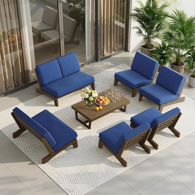 UIXE 8 Pieces All Weather Wood Patio Furniture Sets, 2 Patio Loveseat, 4 Patio Bistro Chair, Outdoor Sectional Sofa Furniture Backyard Conversation Set with Coffee Table - Navy