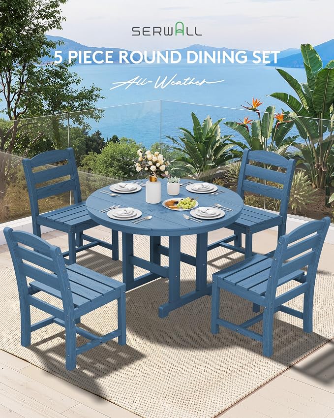 SERWALL 6-Piece Patio Dining Sets, HDPE Outdoor Table and Chairs Furniture Set with Umbrella, 45" Round Dining Table & 4 Armless Dining Chairs & 1 9FT Umbrella, Navy(Not Include Umbrella Base)