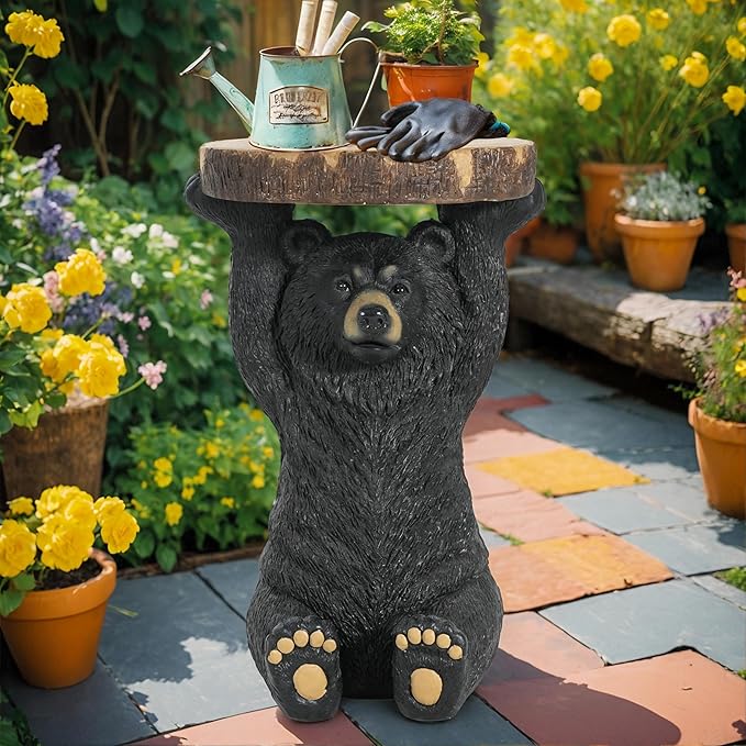 JIJIWANG Black Bear 3-in-1 Pedestal Side Table/End Table/Stool - MGO Hand Painted Sculpture Statue,No Assembly Required for Home,Living Room & Outdoor Decor (Black, 14.5" L x 13.5" W x 22" H)
