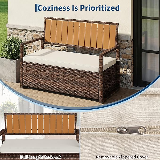 75 Gallon Deck Box Organizer, PE Rattan Storage Bench with Backrest & Waterproof Cushion, Patio Seat with Wood Armrests & Metal Frame for Porch, Backyard, Garden, Poolside