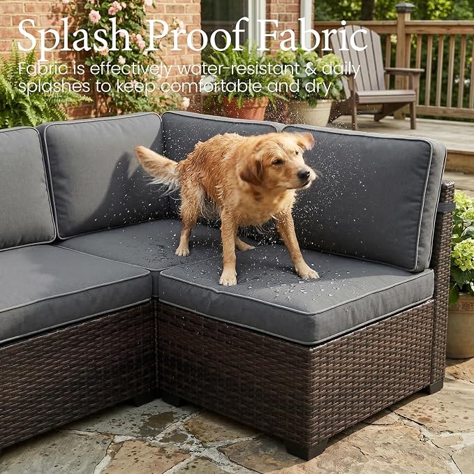 LayinSun 7 Pieces Outdoor Patio Furniture Set with 44" Fire Pit Table Brown Rattan Sectional Sofa Conversation Sets