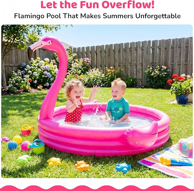 Pink Flamingo Kiddie Pool 48” Inflatables Pool for Kids Holds 65 Gallons of Water - Baby Blow Up Swimming Fun for Kids 1-3 - Portable Backyard Water Play Pools for Boys & Girls