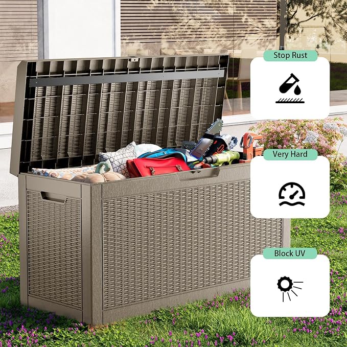 Resin Deck Box, Lockable Patio Outdoor Storage Box for Furniture, Garden Tools and Tools Storage, Waterproof Outside Storage Boxes (Grey, 60 Gallon)