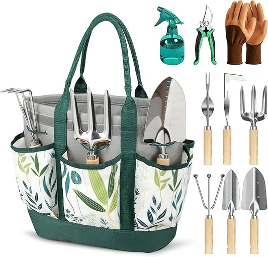 10 Pcs Garden Tool Set, Heavy Duty Stainless Steel Garden Tool with Ash Wood Handle, Rust-Proof Gardening Gifts for Women & Men, Includes Pruner, Weeder & Multi-Pocket Storage Tote Bag (Green)