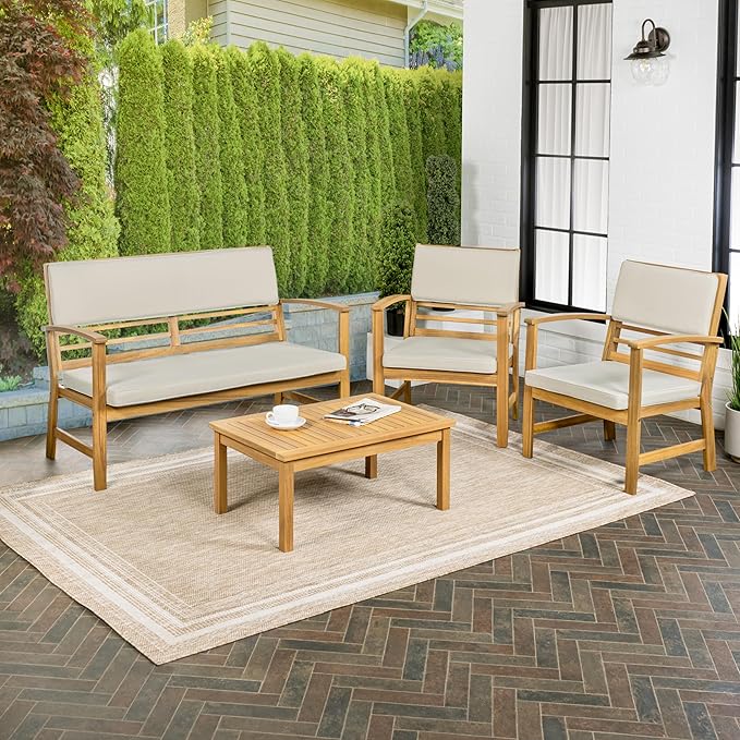 JONATHAN Y LVG1000A-4SET Barclay 4-Piece Modern Coastal Acacia Wood Conversation Outdoor Patio Set with Cushions Transitional, Classic, Traditional, Vintage, Mid-Century, Light Gray/Teak Brown