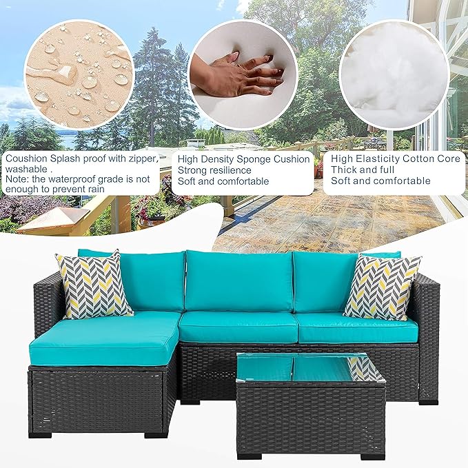 Shintenchi 3 Pcs Patio Furniture Set,Outdoor Sectional Black Wicker Patio Conversation Set,All-Weather Rattan Patio Couch with Washable Cushions and Glass Coffee Table