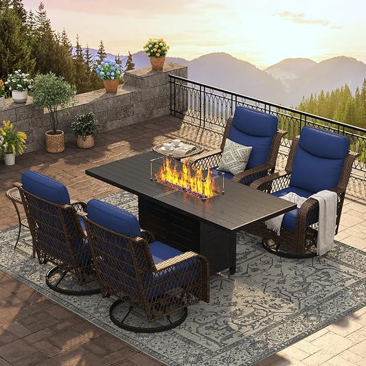 PIZZELLO 7 Piece Patio Furniture Set with 60" Propane Firepit Table, 4Pcs Outdoor Swivel Rocker Chairs with 2 Side Tables and Aluminum Gas Fire Table
