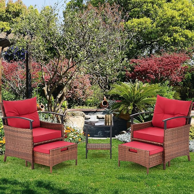 AVAWING 5 Pieces Patio Furniture Set, Outdoor Rattan Chairs with Metal Coffee Table, Ottomans & Soft Cushions, Wicker Conversation Bistro Set for Garden, Porch, Deck, Balcony (Red)
