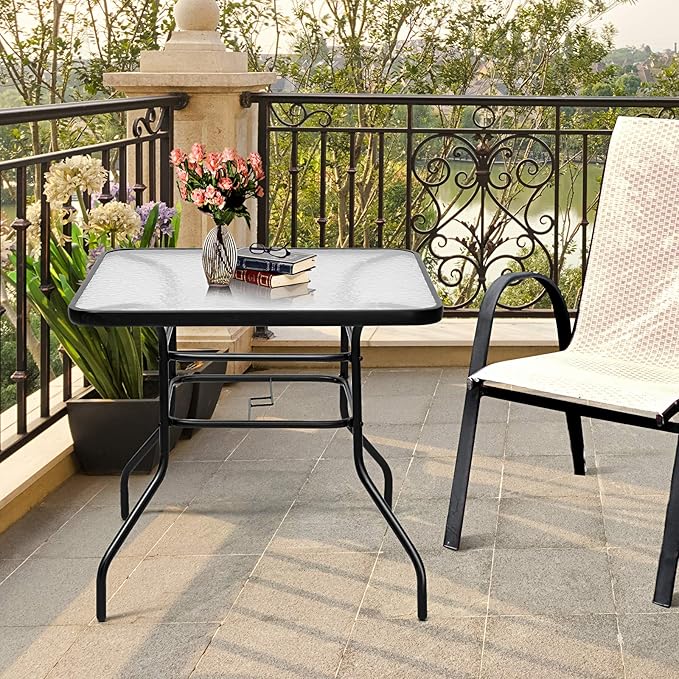 S AFSTAR Bistro Table Outdoor, Square Dining Coffee Table with Umbrella Hole & Tempered Glass Tabletop, Outdoor Patio Pub Table for Patio Garden Poolside Balcony Backyard, 32”L x 32”W x 28”H