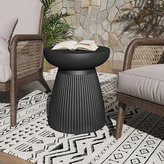 Christopher Knight Home Round Side Table, Outdoor Concrete End Table, Vertical Texture Accent Table, Decorative Side Table, Stylish End Table for Patio Balcony Beach Pool Side, Matte Black