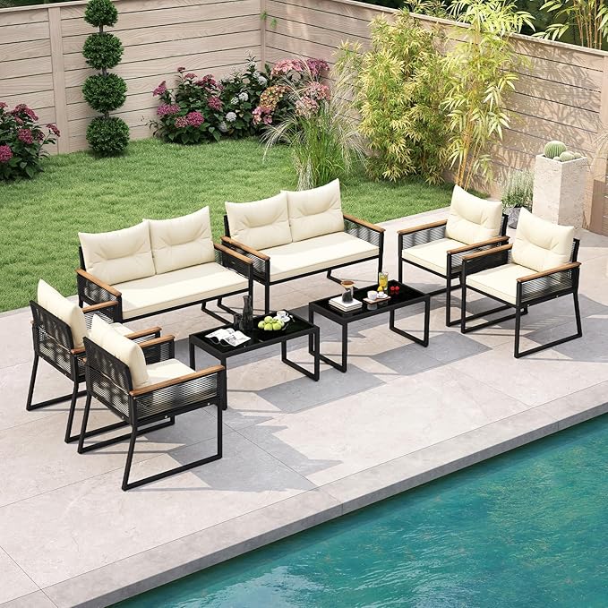 Tangkula 8 Pieces Patio Wicker Furniture Set, Heavy Duty Outdoor Cushioned Conversation Set with Tempered Glass Coffee Table, for Garden, Yard and Poolside (Off White,4)