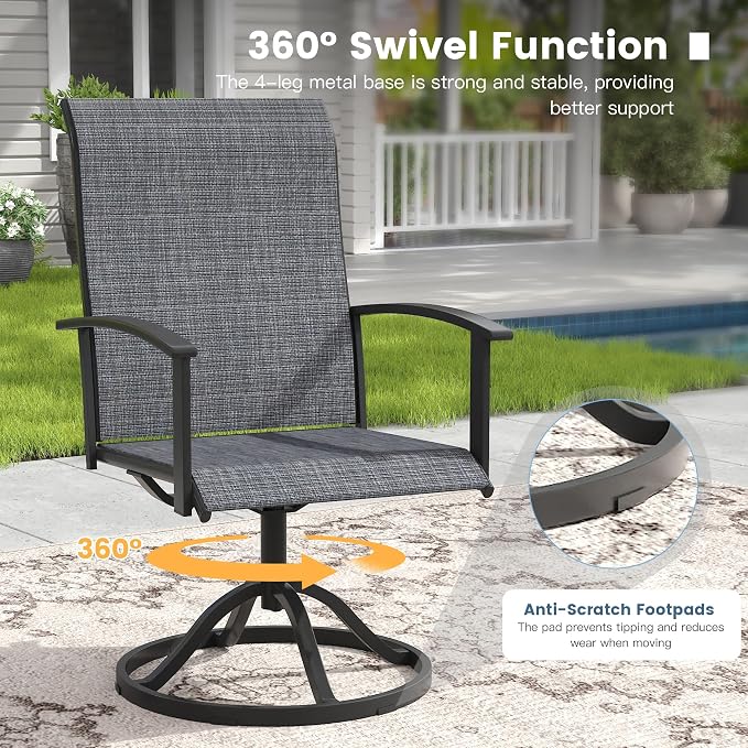 DIFY 7 Pieces Outdoor Dining Set, Metal Patio Table and Chairs Set for 6 with Umbrella Hole, 63" Black Rectangle Table and Dark Grey Textilene Swivel Patio Chairs for Garden, Backyard, Poolside