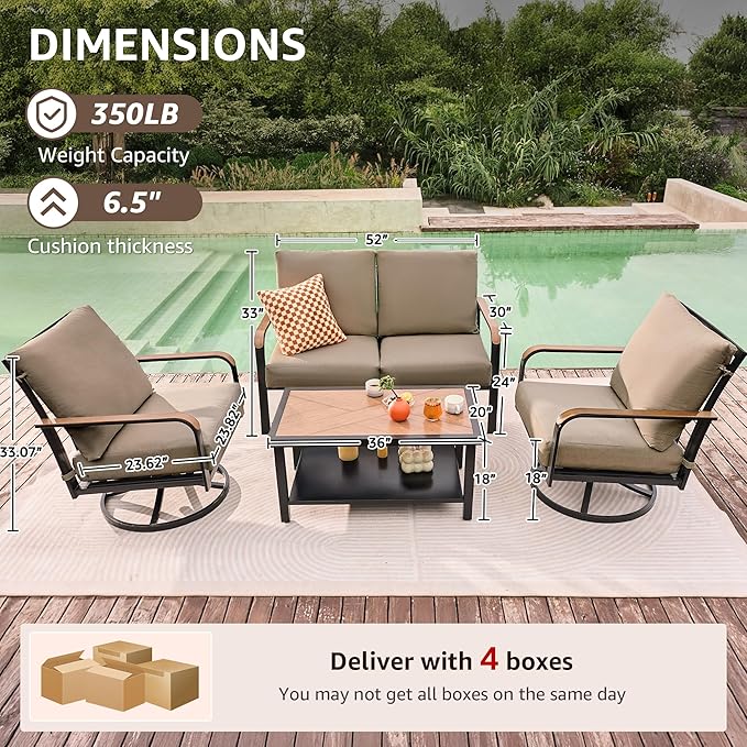 NATURAL EXPRESSIONS Patio Furniture Sets,4 Pieces Metal Outdoor Conversation Sofa Set with High Back Swivel Rocking Chairs with Anti-Scald Armrest,Double-Deck Wooden-Grain Table,6" Cushions for Yard