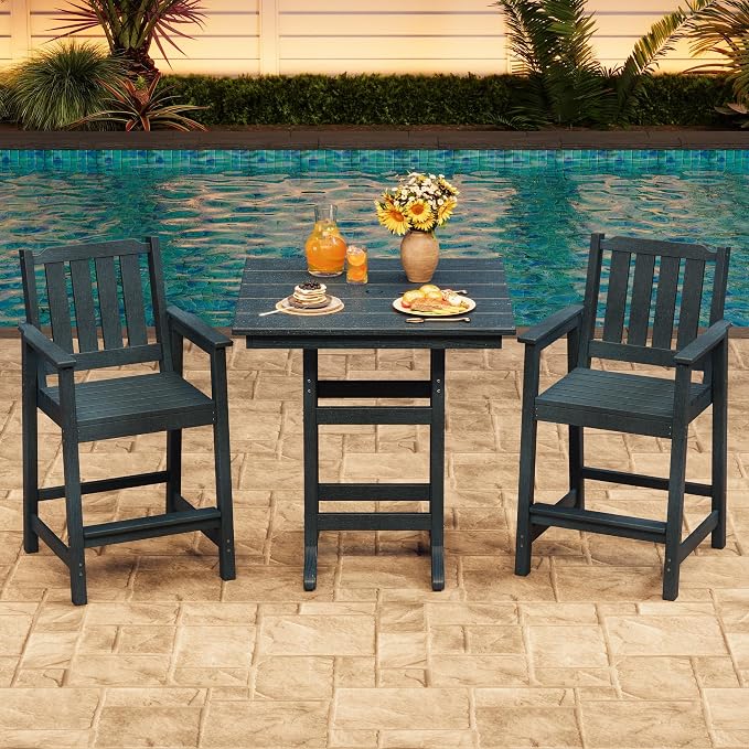 3-Piece HDPE Outdoor Bar Table and Stools Set, 39.6" Tall Pub Table with Umbrella Hole and 2 Counter Height Chairs, Weatherproof Patio Dining Furniture for Backyard, Balcony, Bistro, Navy Blue