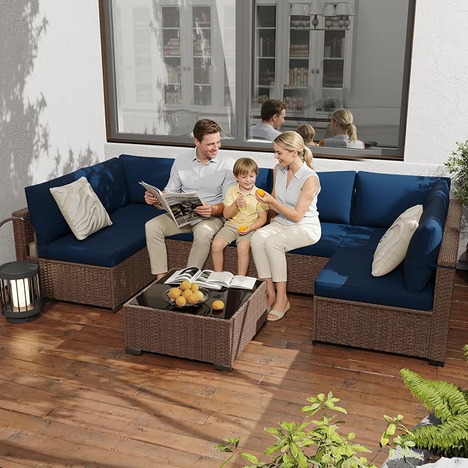 KIGOTY 7-Piece Patio Furniture Set, All-Weather PE Rattan Outdoor Sectional Sofa, Modular Wicker Conversation Set with Thick Cushions & Easy-Clean Coffee Table（Brown/Navy）