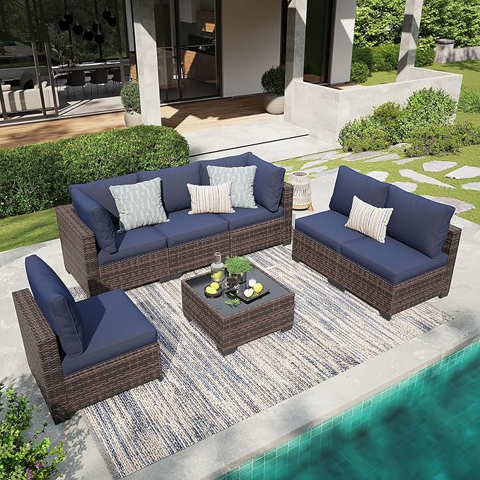7 Pcs Patio Furniture Set, All Weather Outdoor Sectional Set, Wicker Outside Furniture Patio Sofa Set for Backyards, Porch, Poolside, Garden, Balcony (Brown & Blue)