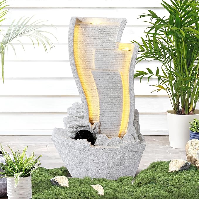 Grepatio Garden Water Fountain, Outdoor Cascading Water Fountains with LED Lights, Sailboat and Waterwheel Look Indoor/Outdoor Water Fountain for Garden, Patio, House Decor