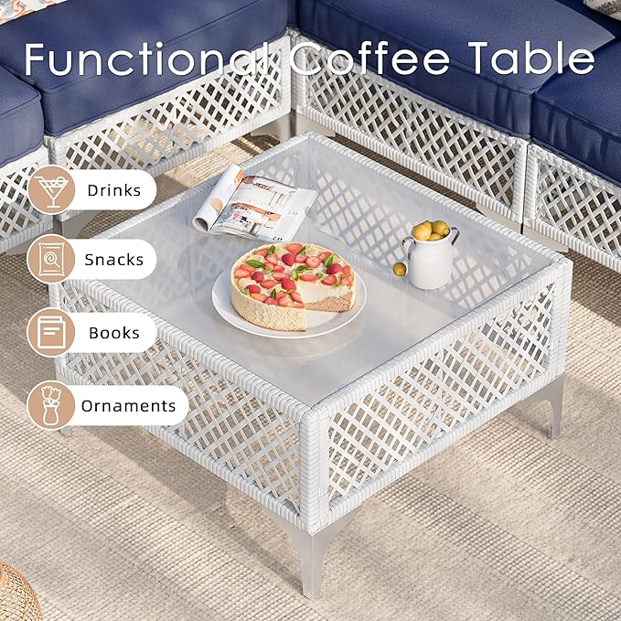 Vikiullf Patio Conversation Set, 7 Piece Outdoor Sectional Sofa Set with Coffee Table, White Wicker with Black Cushions (White and Blue, 7 piece)