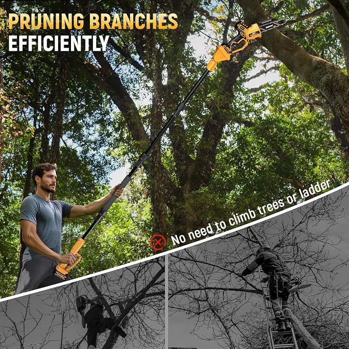 Takuoo 2-IN-1 8 Inch Electric Pole Saw, Mini Chainsaw Cordless with Extension Pole, 21V 2×4.0Ah Battery Powered Polesaw, 15FT Max Reach, Brushless Chain Saw for Limb Branch Cutter Tree Trimming