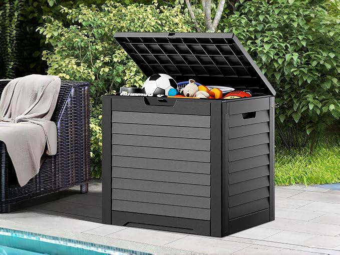 35 Gallon Louvered Outdoor Deck Box, Waterproof Resin Storage Box with Lockable Lid for Patio, Garden, Poolside Toys and Package Delivery