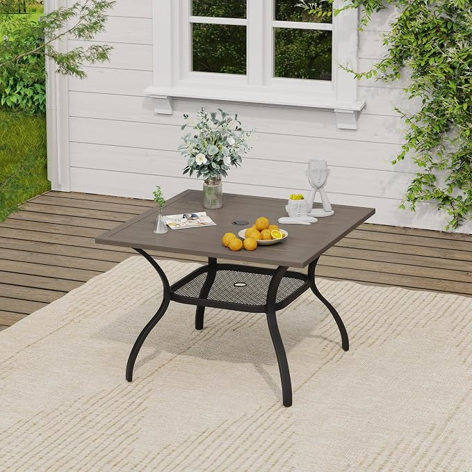 VICLLAX Outdoor Table and Chairs Set for 4, Patio Dining Set of 37.8" Metal Square Patio Table with Umbrella Hole & 4 Swivel Outdoor Dining Chairs for Backyard Lawn, Grey & Antique Grey