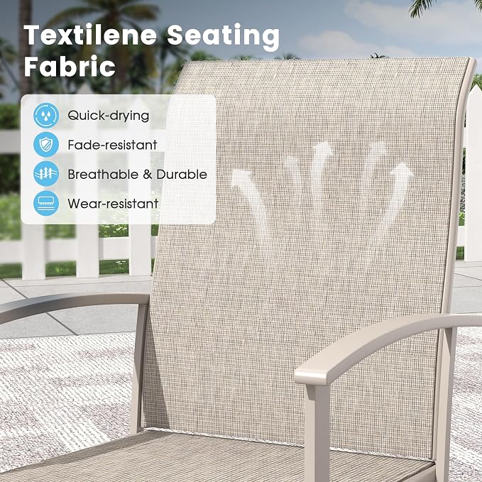7 Pieces Outdoor Patio Dining Table Set, 50" All Weather Round Metal Table with Umbrella Hole and 6 High Back Textilene Swivel Chairs for Garden, Lawn, Poolside, Sandshell