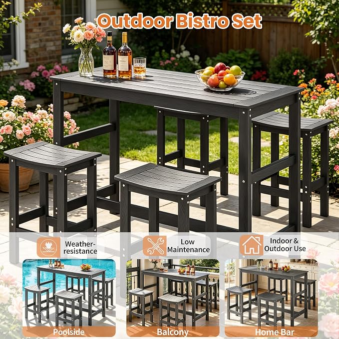 5Pcs HIPS Outdoor Bar Set, Weatherproof Patio Bar Table and Chairs Set for Outside, 55" Rectangular High Top Bar Table with 4 Bar Stools for Patio, Poolside, Balcony, Hot Tub, Black
