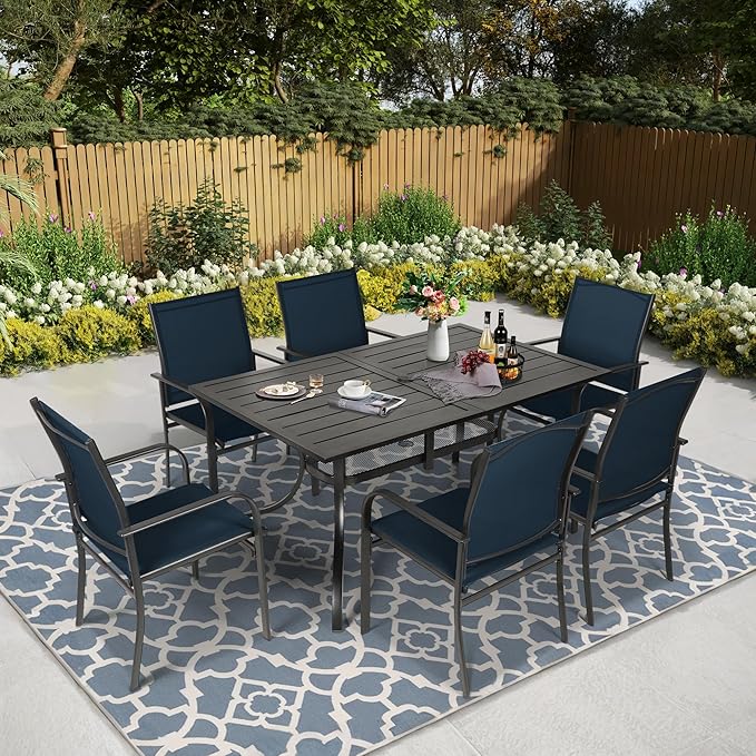 Crownland 7 Piece Patio Dining Set, Outdoor Textilene Dining Sets, 6 Textilene Metal Chairs and Rectangular Outdoor Dining Table with 1.57" Umbrella Hole (Blue)