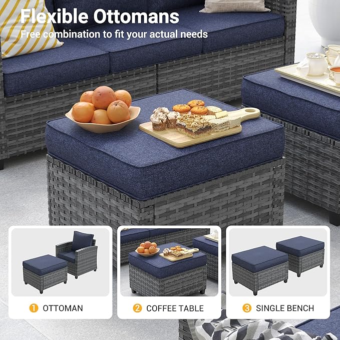 Patio Furniture Sets, 6 Pieces Patio Outdoor Sectional Furniture, Wicker Rattan Conversation Sofa with Swivel Chair, Ottomans, Side Table, 4" Thick Cushion, for Porches Balconies, Navy Blue