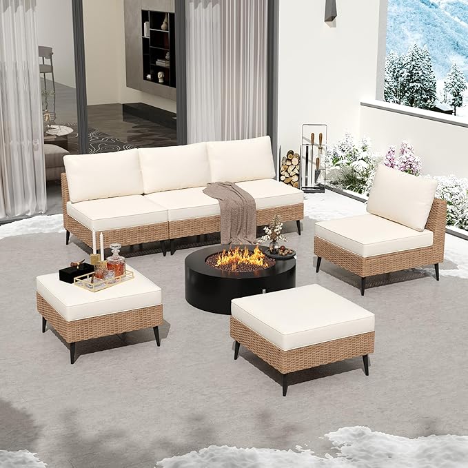 LVUYOYO 6 Pieces Outdoor Patio Furniture Set, Wicker Sectional Sofa Couch, Rattan Conversation Sets with Cushions for Deck, Backyard, Porch (Khaki)