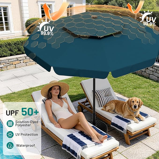 AreShark 12ft 2-Tier Patio Umbrella with Valance - Outdoor Umbrella Waterproof UV Protection, Market Table Umbrella w/ 8 Sturdy Ribs&Crank for Pool, Backyard, Garden(Lake Blue)