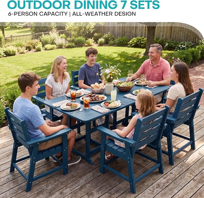 7-Piece Dining Set, HDPE Table & 6 Chairs, Navy Blue | HDPE Dining Set: 69.1" Table + 6 Chairs, 380 lbs, 304 Stainless, All-Weather, No Rust No Crack, Outdoor Patio Garden