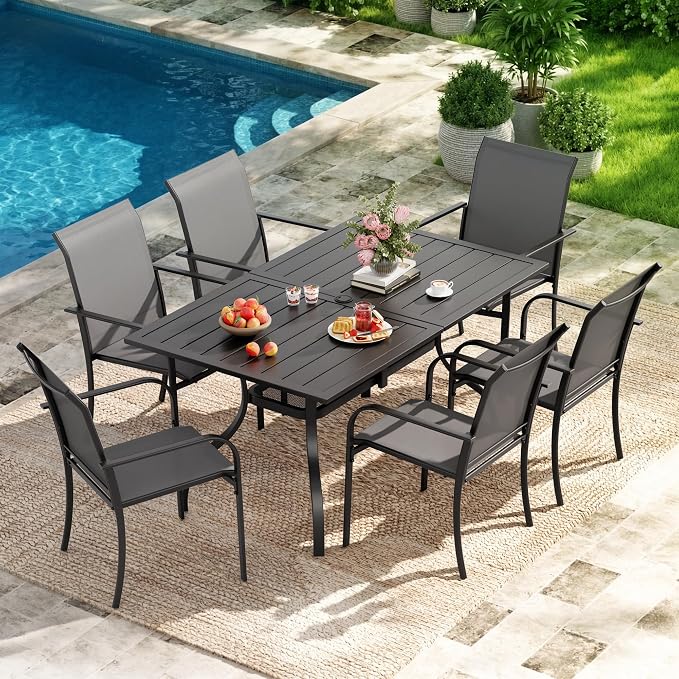 7-Piece Patio Dining Set,6 Person Outdoor Table and Chairs Set, 6 Metal Dining Chairs and Rectangular Outdoor Table with 1.57" Umbrella Hole,Grey