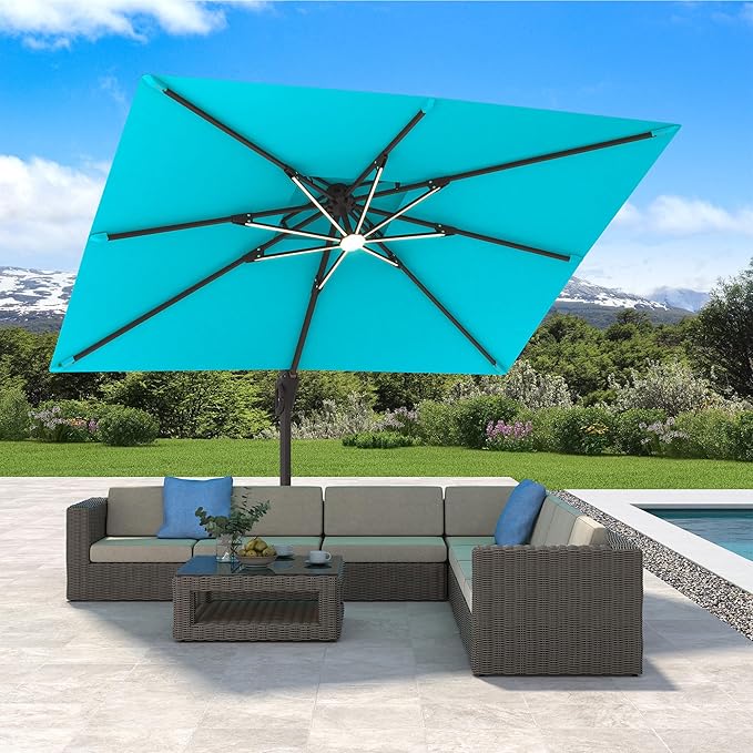 10' X 13' Cantilever Patio Umbrella with Led Lights Double Top Rectangular Outdoor Large Offset Umbrellas with 7 Tilts Adjustable 360°Rotation for Deck Pool Garden Backyard, Turquoise